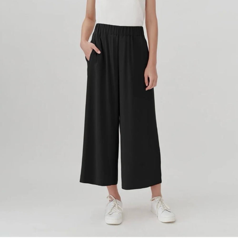 cuyana black washable silk cropped wide leg pants